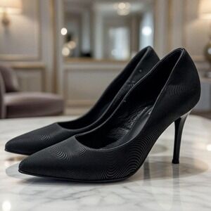 S Made in Poland Black Textured Wavy Pattern Pointed Toe Stiletto Pumps Heels